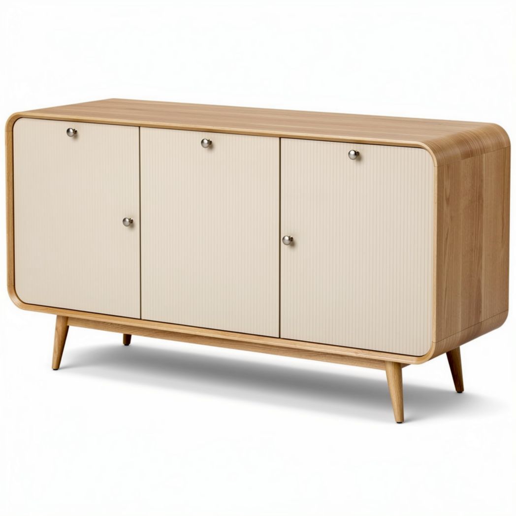 Houten kast met drie deuren in beige en naturel 150 x 40 x 70cm