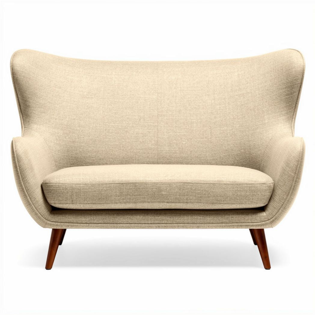 Beige stoffen loveseat met houten poten 150 x 75 x 85cm