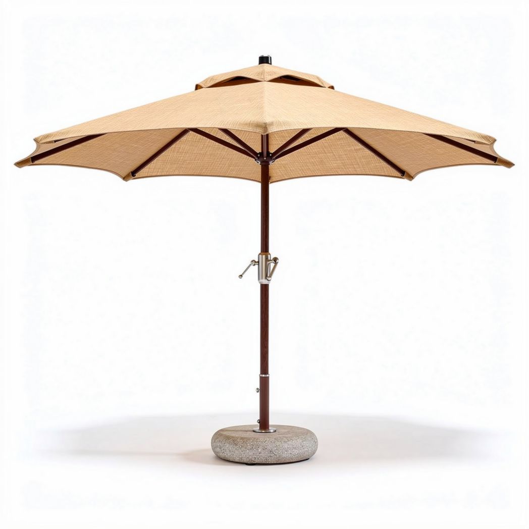 Parasol met een beige doek en een stevige betonnen basis, diameter 250 cm