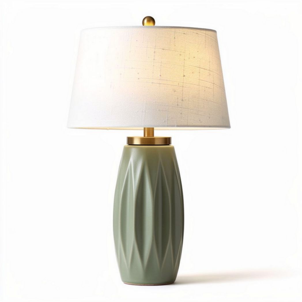 Tafellamp van keramiek met groene basis en witte stoffen kap 30 x 30 x 50cm