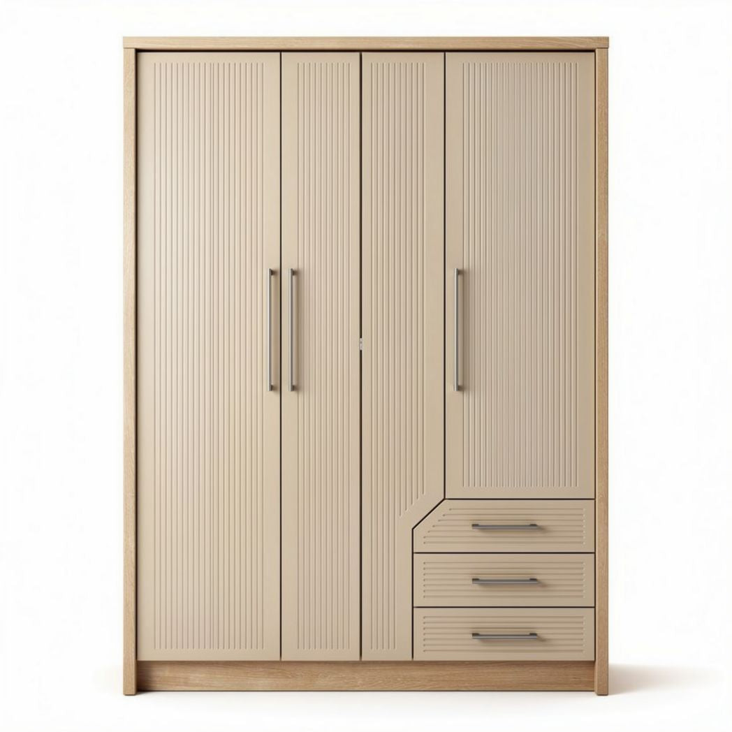 Kledingkast met drie deuren en lades van hout in beige 180 x 120 x 45cm